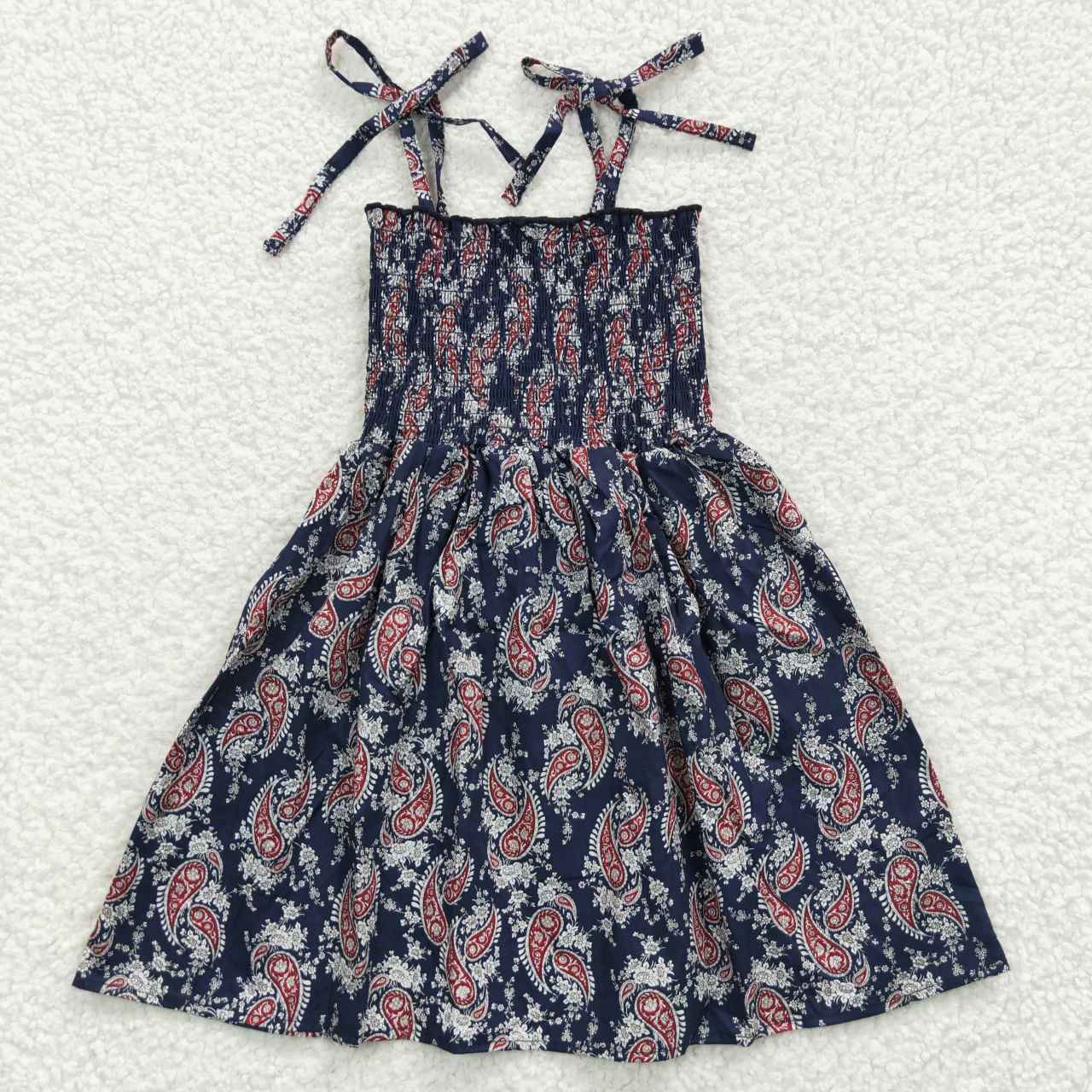 GSD0366 Smocking Stitch Vintage Pattern Navy Girls Summer Dress