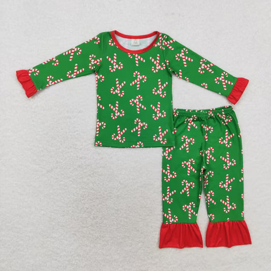 GLP1387 bamboo Christmas cane candy green long sleeve pants girls pajamas