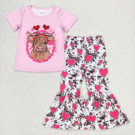 GSPO0416 Baby Heart Highland Cow Pink Short Sleeve Cow Print Pants Girls Set Kids Valentine's Day Clothes