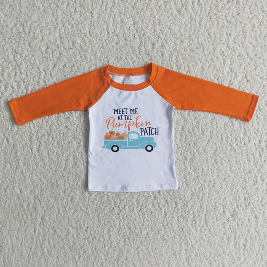 6 A11-17 Orange Raglan Long Sleeve Pumpkin Truck Boys Fall T-shirts