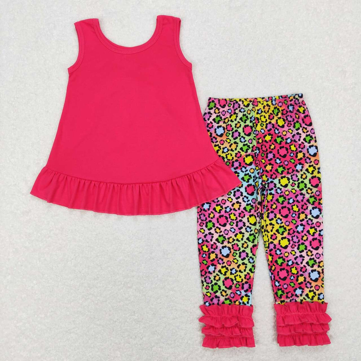 GSPO1097 Hot pink ruffles sleeveless leopard pants girls set