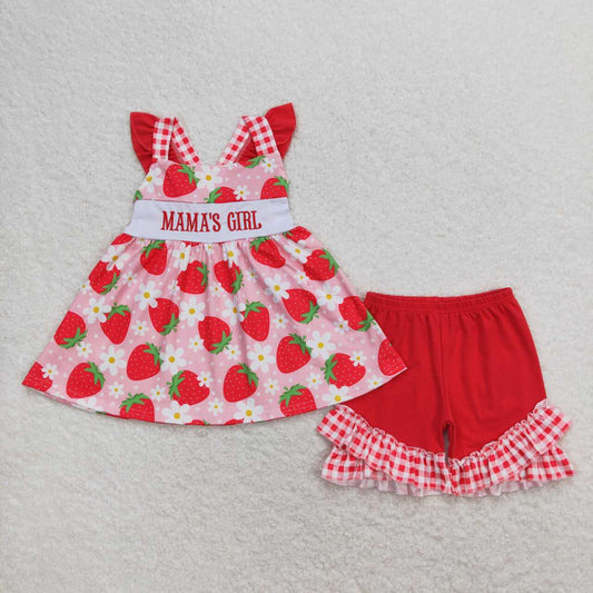 USA SHOP GSSO0835 embroidery mama's girl strawberry flowers pink flutter sleeve red shorts girls set