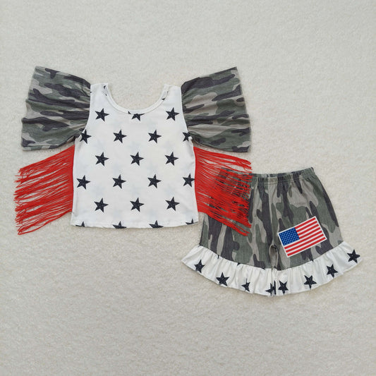 GSSO0918 July 4th camo star ruffles sleeve camo flag shorts girls set