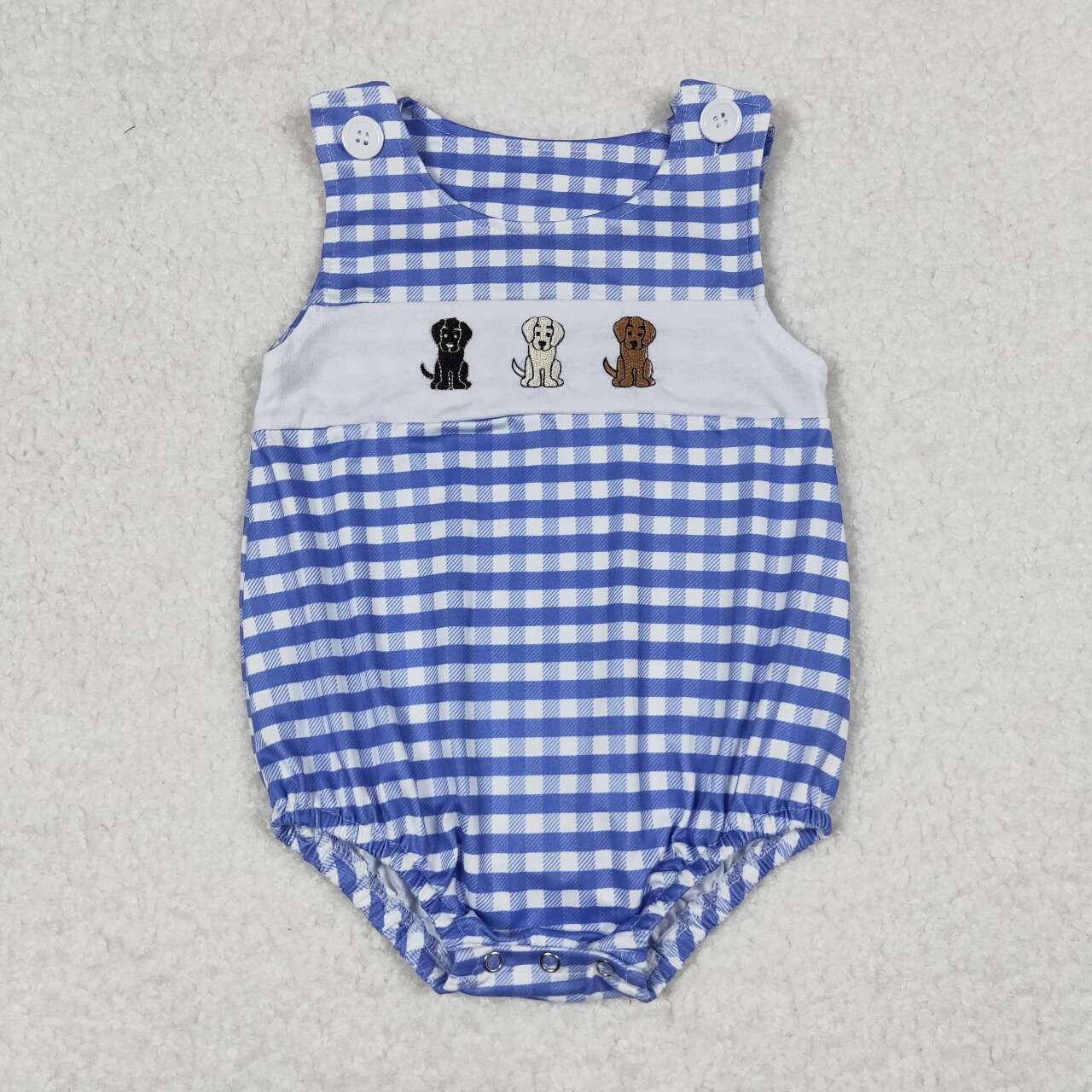 SR1048 embroidery Dogs Blue Checkered Sleeveless Boys Summer Romper