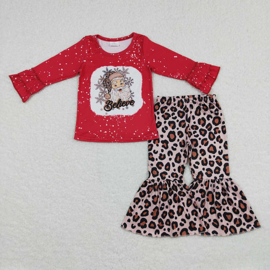 GLP0862 Christmas Santa Claus red long sleeve leopard pants girls set