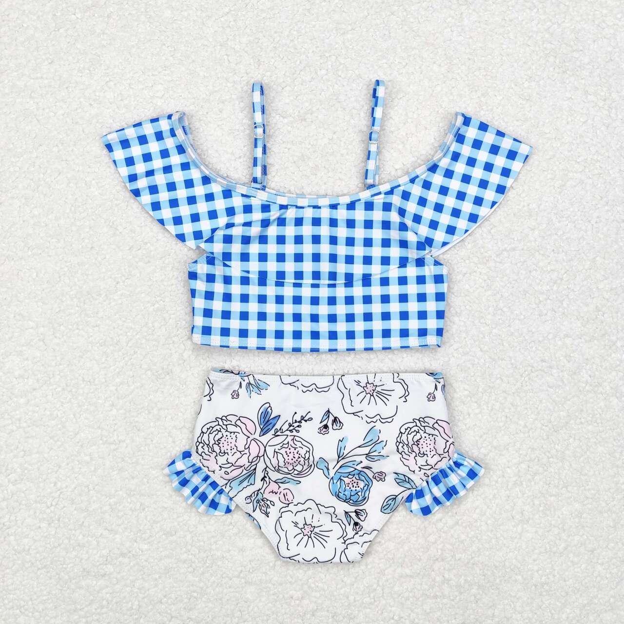 S0254 Blue checkered flowers girls swimsuits