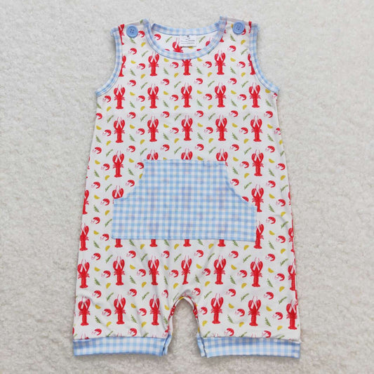 SR1137 Crayfish blue checkered sleeveless boys romper