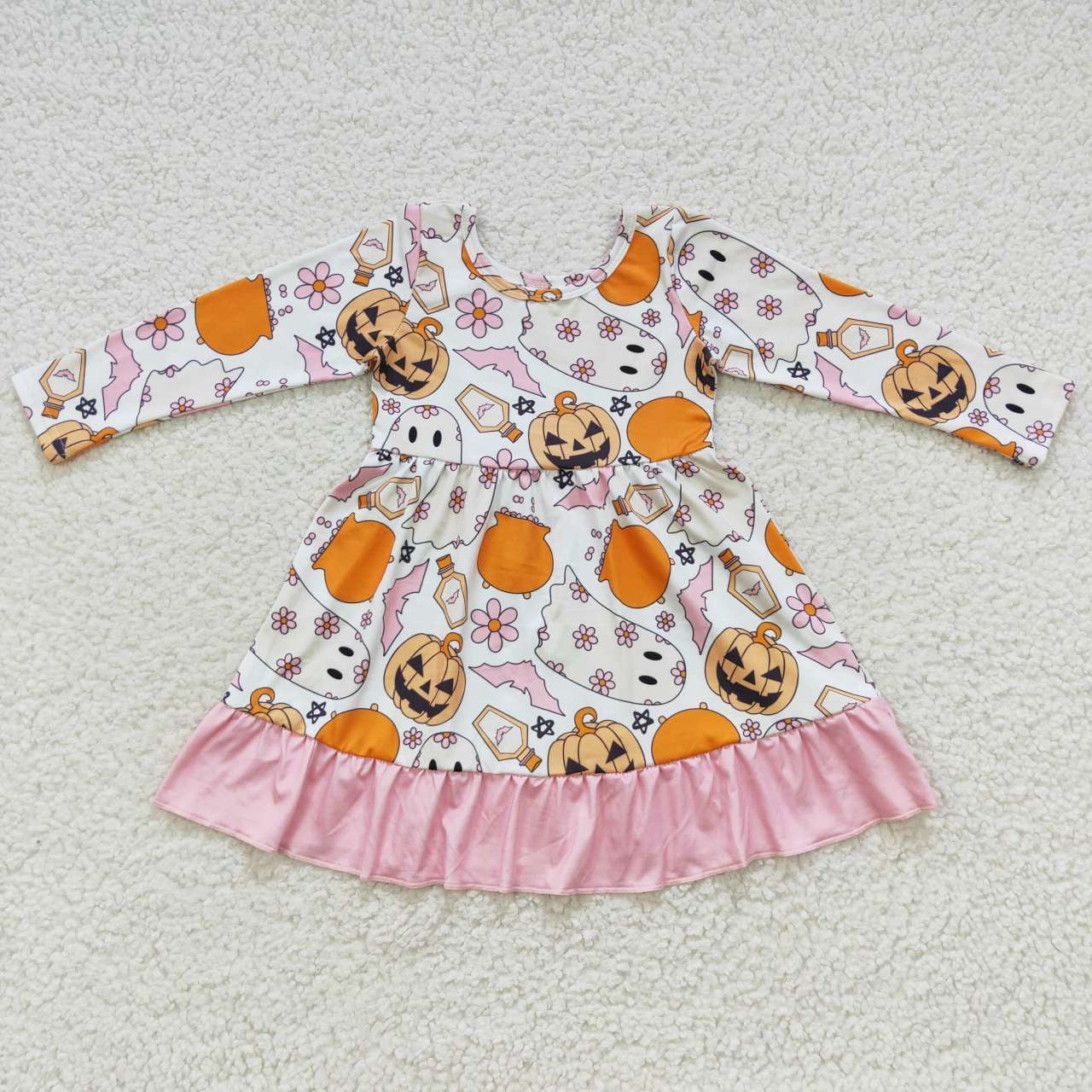 GLD0244 Halloween Pumpkin Ghost Pink Long Sleeves Girls Dress