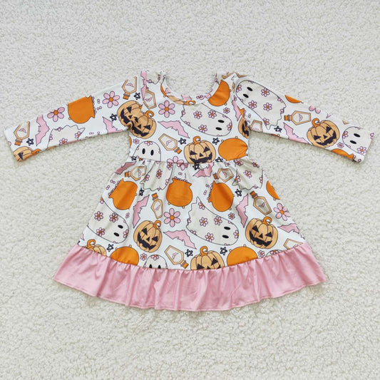 GLD0244 Halloween Pumpkin Ghost Pink Long Sleeves Girls Dress