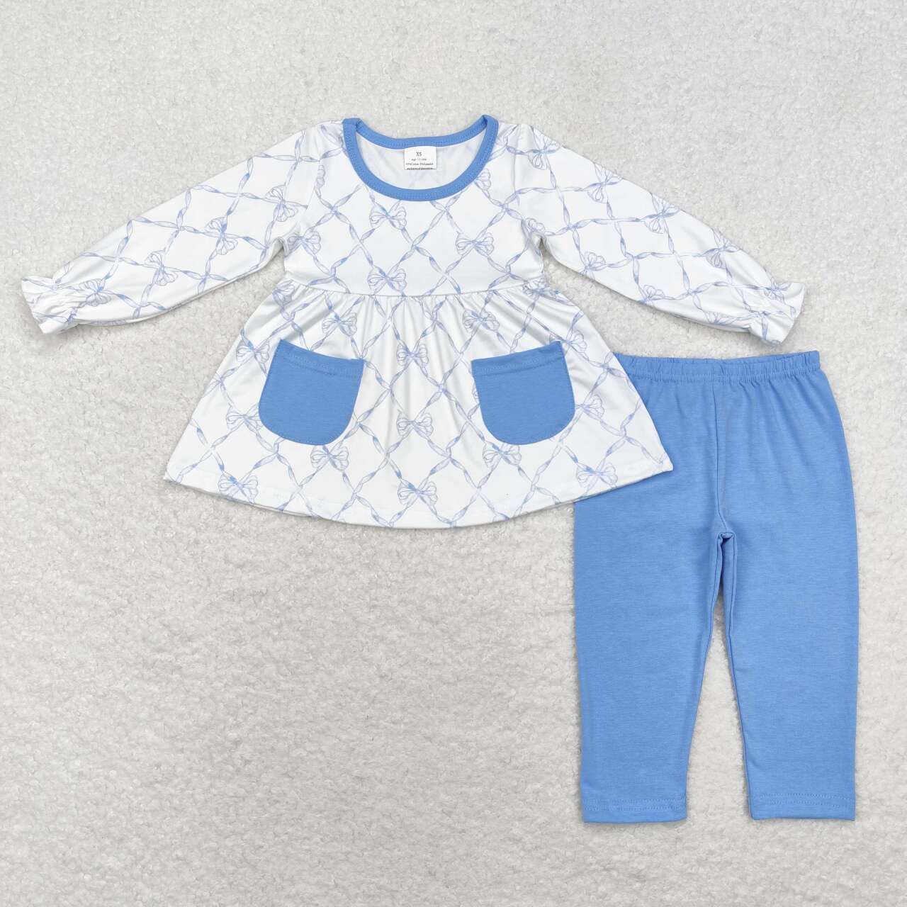 GLP1383 blue bows pockets long sleeve blue pants girls set