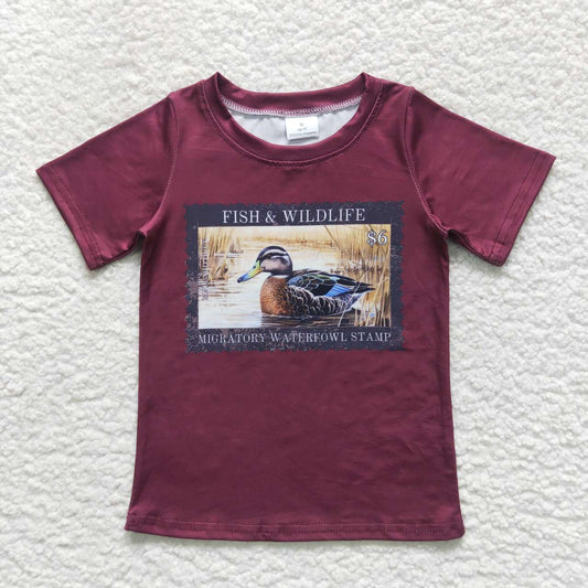 BT0342 Duck & wildlife red short sleeve boys top