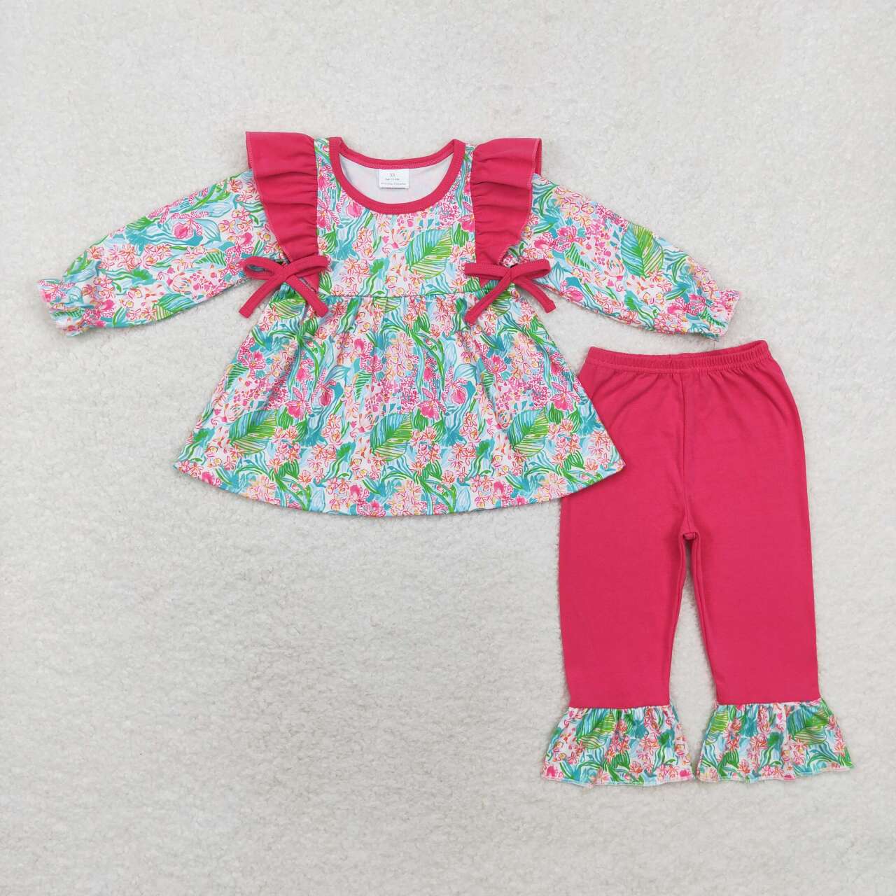 GLP1430 colorful leaf flowers bows long sleeve hot pink pants girls set