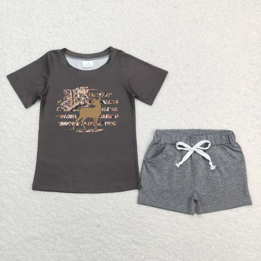BSSO0473 Baby Boy Hunting Deer Brown Short Sleeve Grey Cotton Shorts Boys Set Kids Hunting Clothes