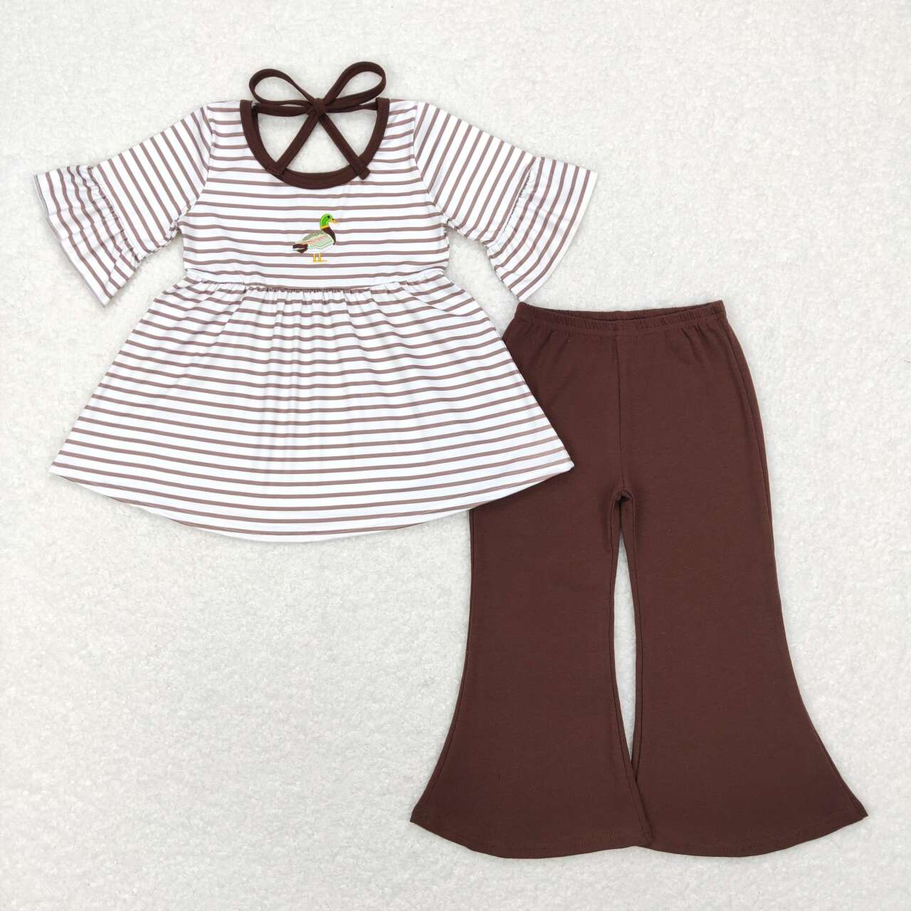 GSPO1020 Mallard brown striped short sleeve brown pants girls set