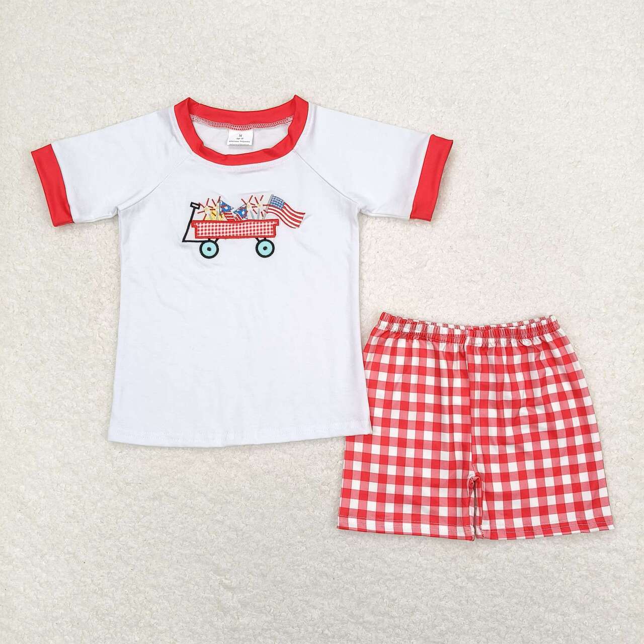 BSSO0618 embroidery July 4th camping cart flag red short sleeve red checkered shorts boys set