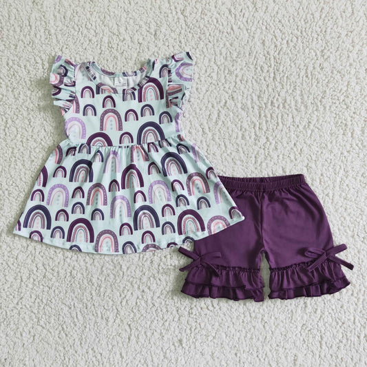 GSSO0009 Rainbow Print Summer Purple Shorts Set