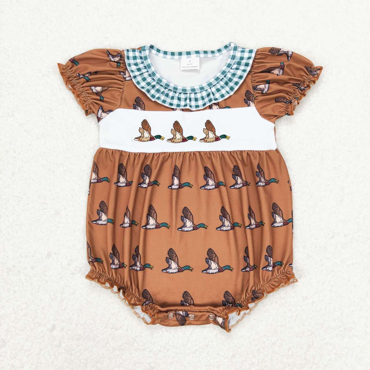 SR1286 embroidery mallard duck brown short sleeve girls romper