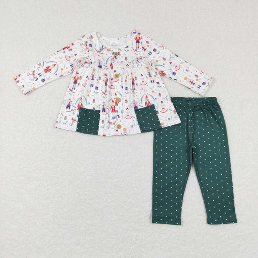 GLP0991 Christmas soldier dance girl pocket long sleeve green dot pants girls set