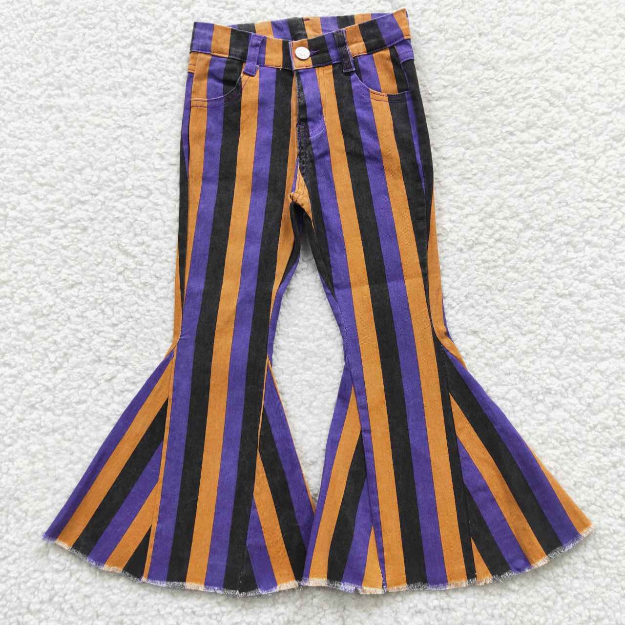 P0157 Black Orange Purple Striped Girls Denim Jeans