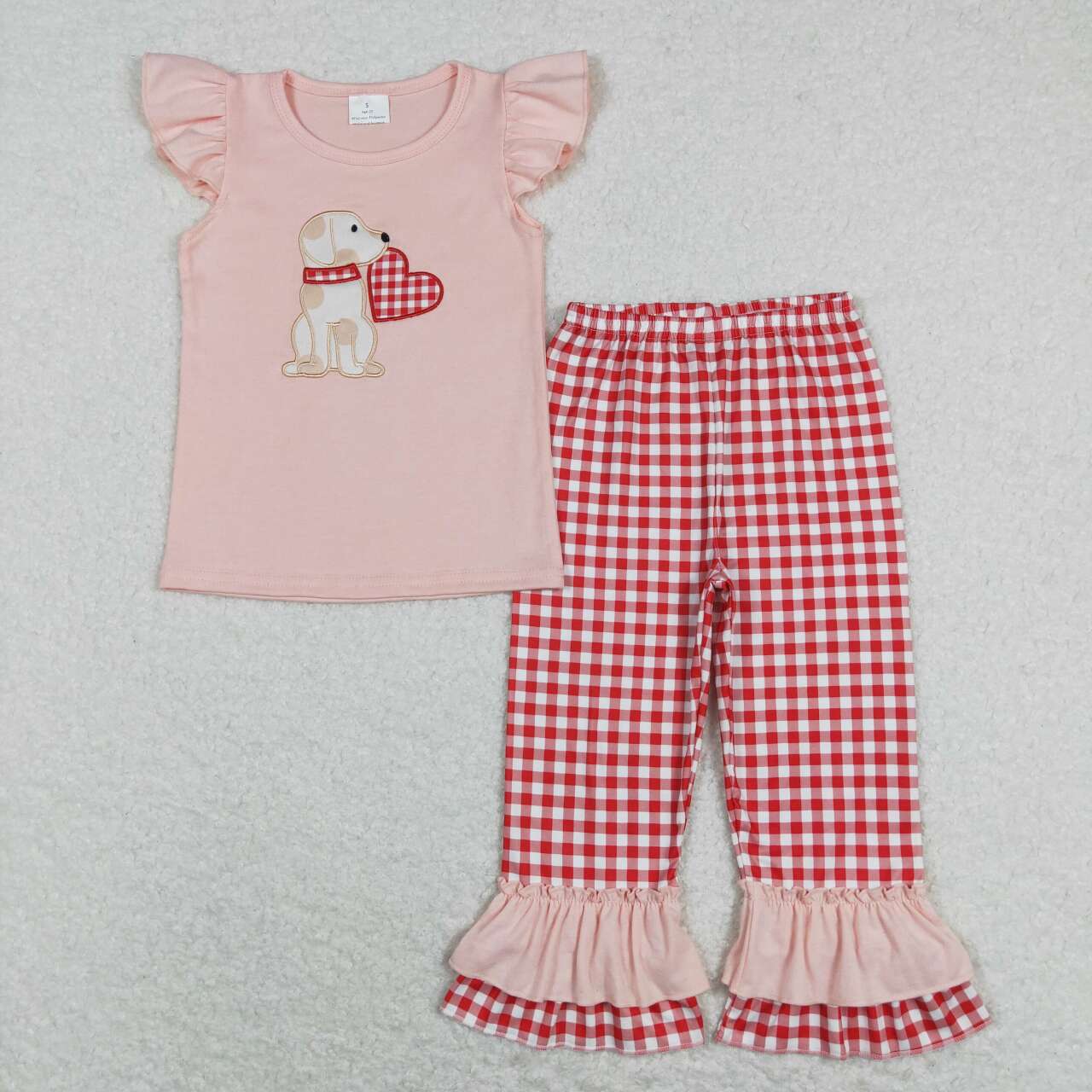 GSPO1161 Embroidery Valentine's Day Dog Heart Pink  Flutter Sleeve Red Checkered Pants Girls Set