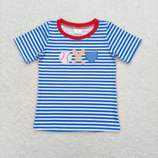 BT0657 embroidery play baseball navy blue striped short sleeve boys top