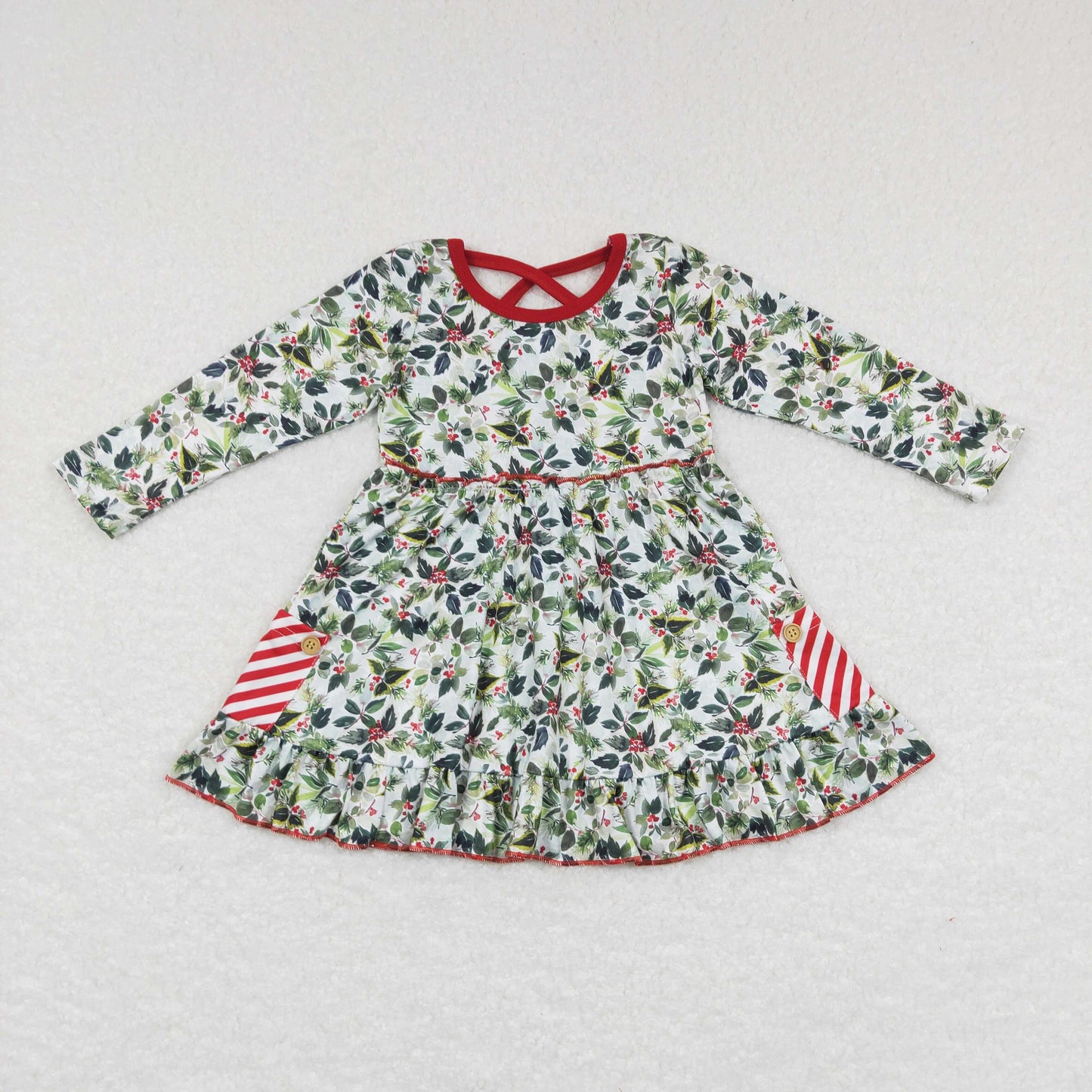 GLD0389 Christmas Holly Berry long sleeve girls dress