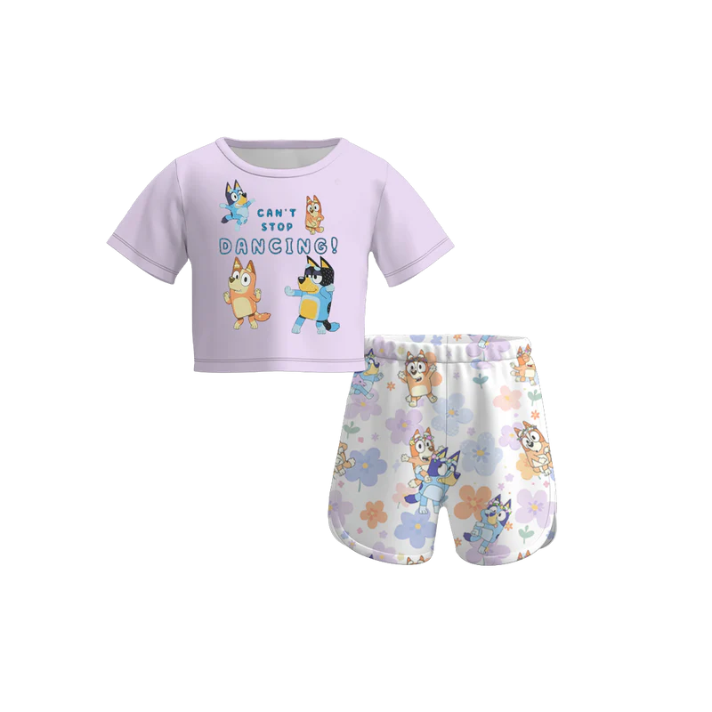 custom cartoon blue dog dancing purple short sleeve flowers shorts girls set