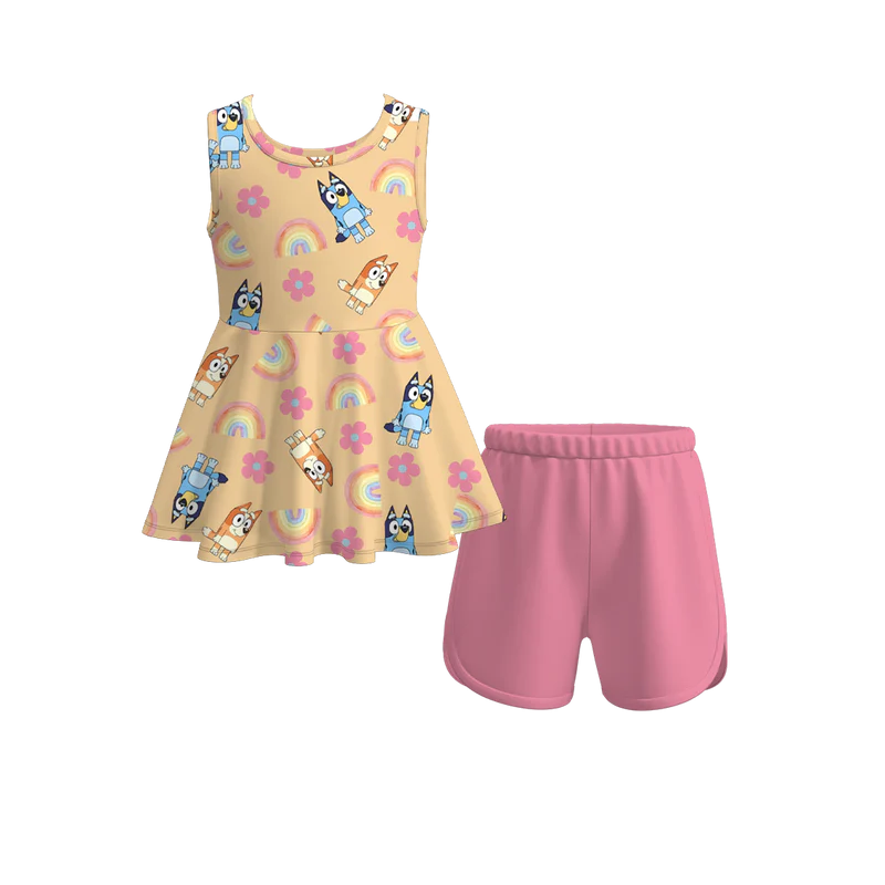 custom cartoon blue dog flowers rainbow orange sleeveless pink shorts girls set