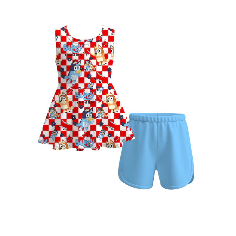 custom cartoon blue dog red checkered sleeveless top blue shorts girls set