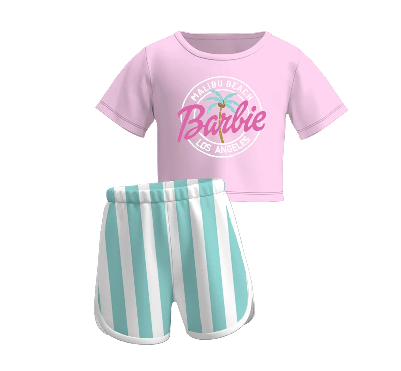 custom cartoon BA pink coconut tree short sleeve blue striped shorts girls set