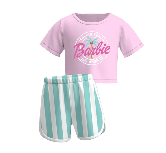 custom cartoon BA pink coconut tree short sleeve blue striped shorts girls set