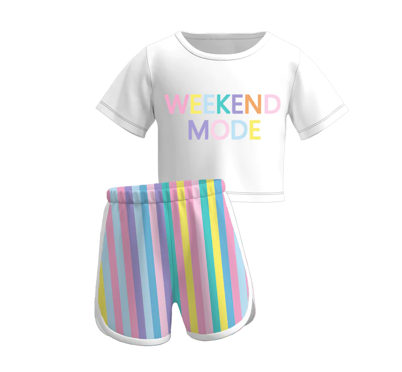 custom weekend mode short sleeve rainbow striped shorts girls set