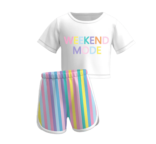 custom weekend mode short sleeve rainbow striped shorts girls set