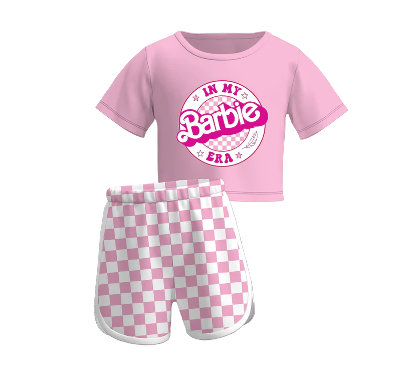 custom cartoon BA in my era pink short sleeve pink checkered shorts girls set