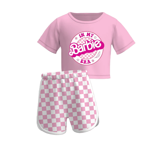 custom cartoon BA in my era pink short sleeve pink checkered shorts girls set