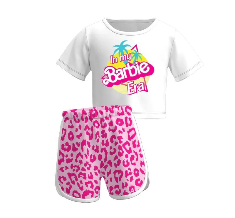 custom cartoon in my era coconut tree short sleeve hot pink leopard shorts girls set