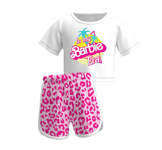custom cartoon in my era coconut tree short sleeve hot pink leopard shorts girls set