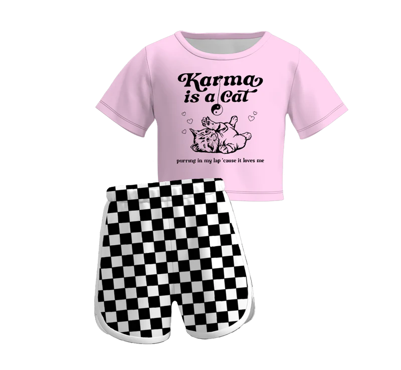 custom cartoon cat pink short sleeve black checkered shorts girls set