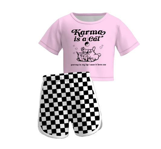 custom cartoon cat pink short sleeve black checkered shorts girls set