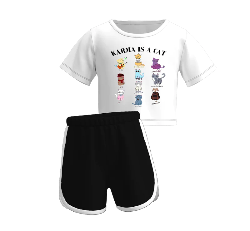 custom cartoon cat white short sleeve black shorts girls set