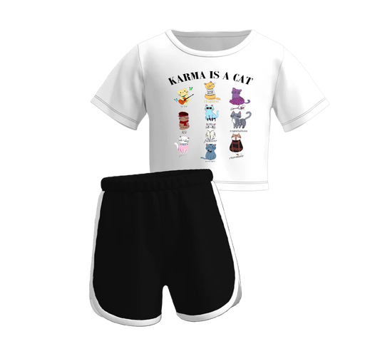 custom cartoon cat white short sleeve black shorts girls set