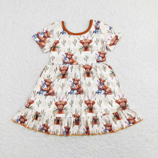 GSD0778 Easter Western rabbit highland cow cactus short sleeve girls dress