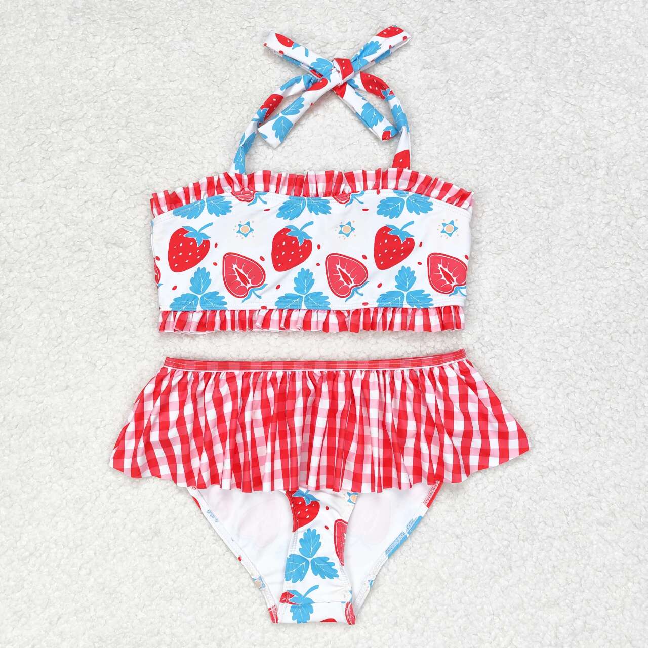 S0316 strawberry checkered lace-up girls swimsuits