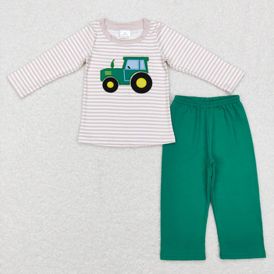 BLP0401 Farm green tractor khaki striped long sleeve green pants boys set