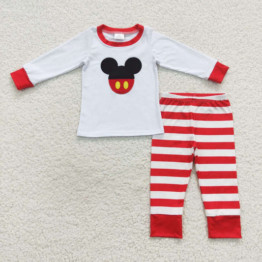 BLP0205 Christmas Cartoon White Long Sleeves Red Striped Print Pants Kids Pajamas