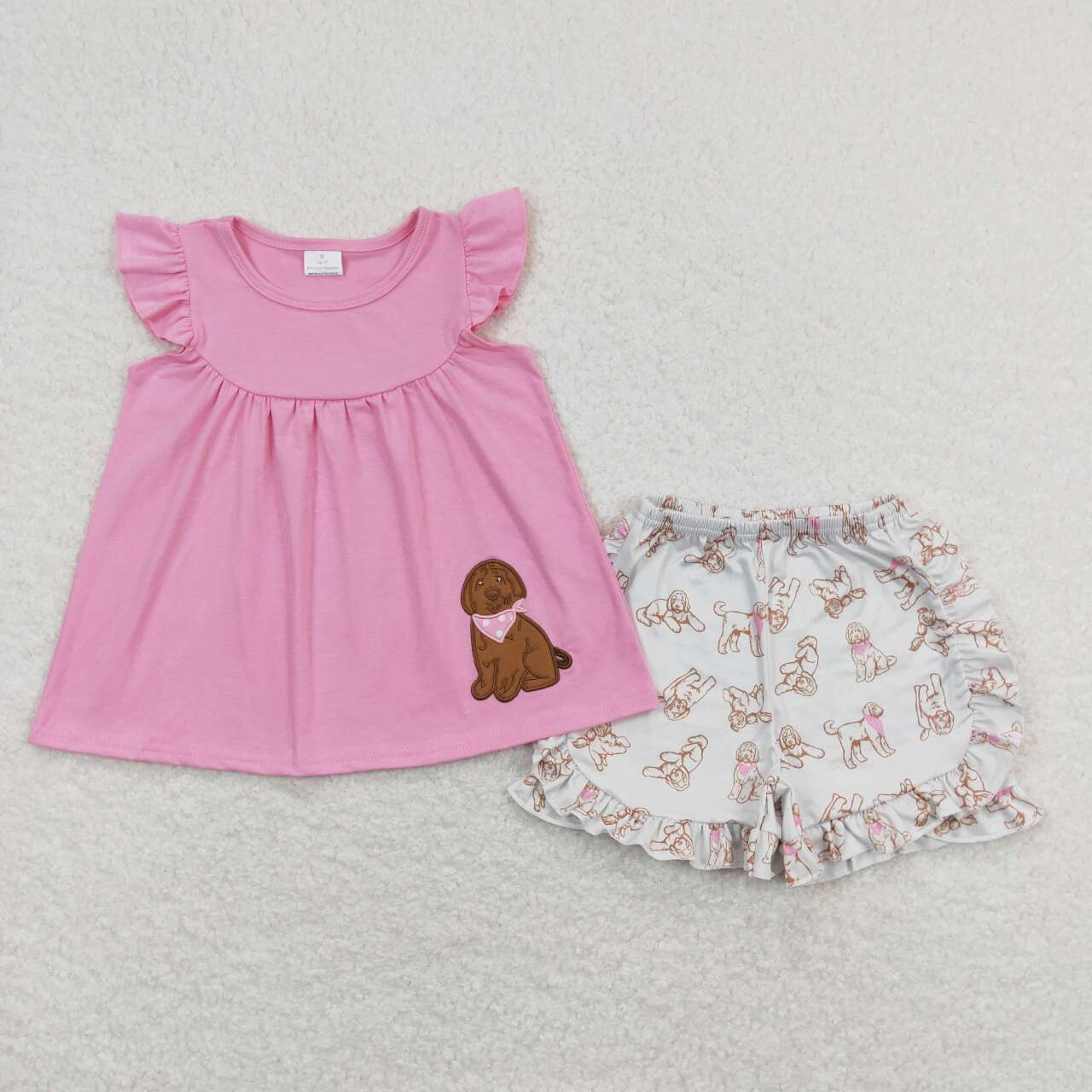 GSSO0581 embroidery Dog Hot Pink Flutter Sleeve White Shorts Girls Set