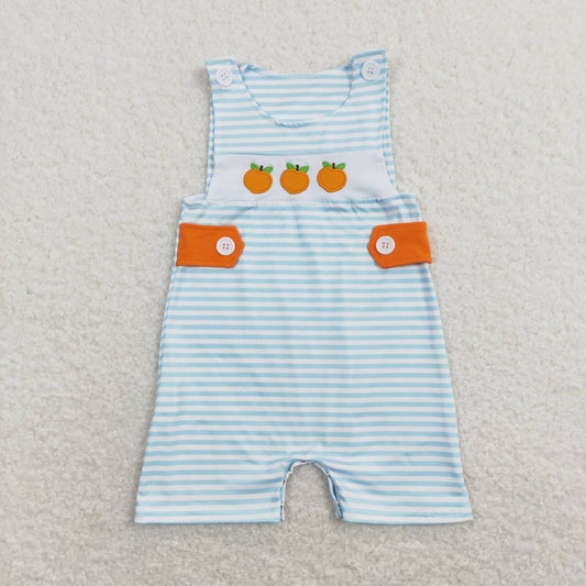 SR0738 Embroidery Orange fruits blue striped sleeveless boys romper