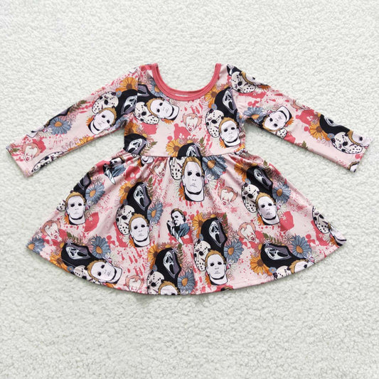 GLD0340 Halloween horror movie sunflowers long sleeve girls dress