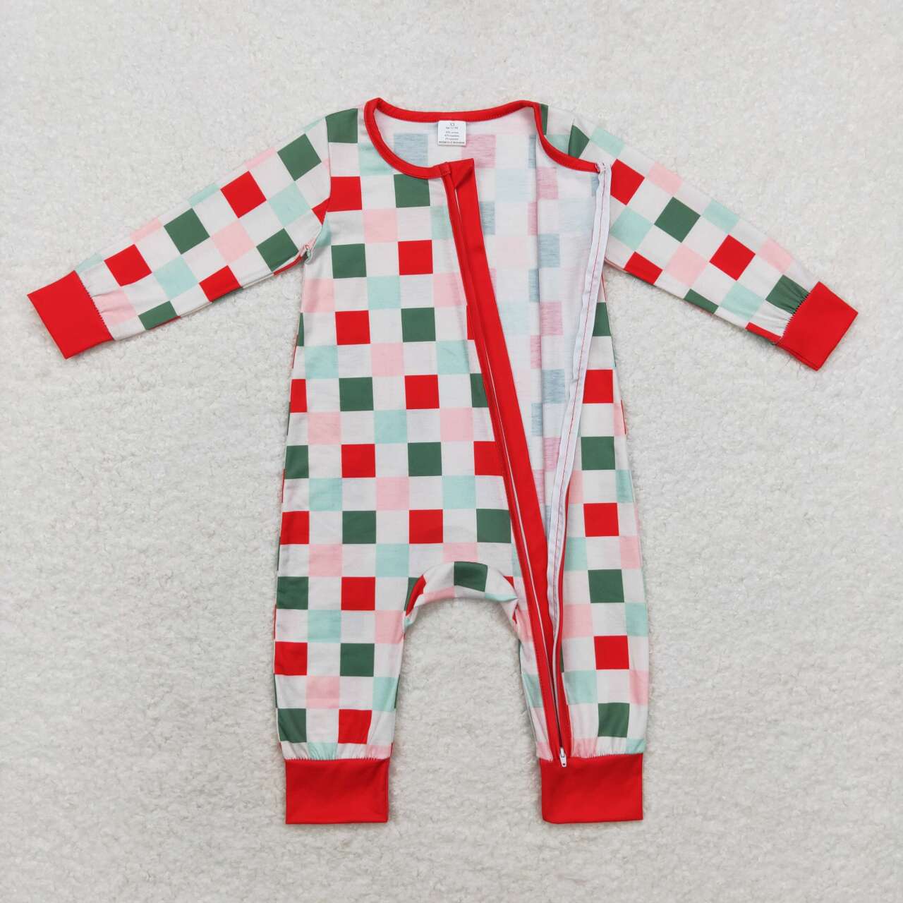 LR1197 bamboo Christmas green red checkered long sleeve girls zipper romper