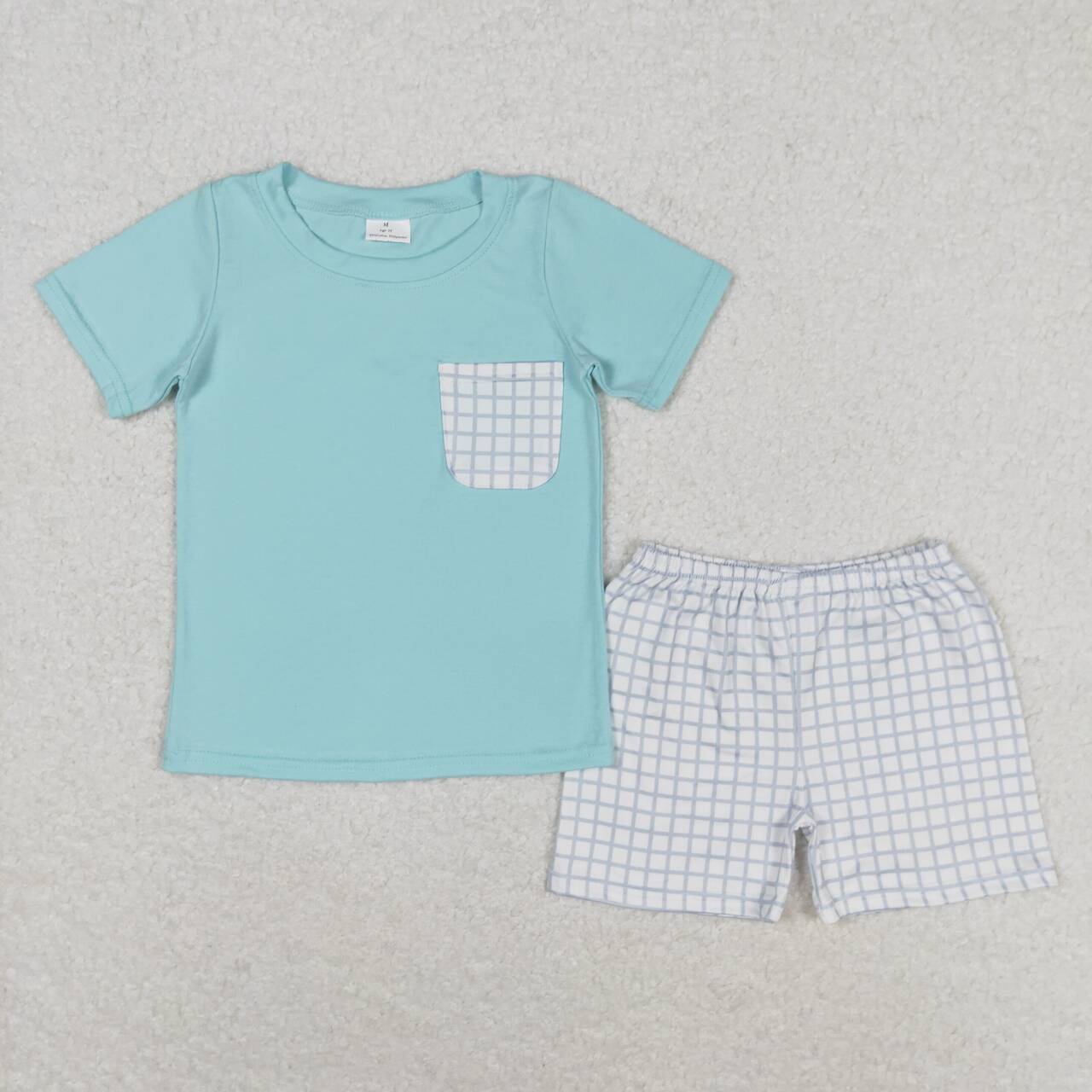 BSSO0799 sky blue pocket short sleeve blue checkered shorts boys set